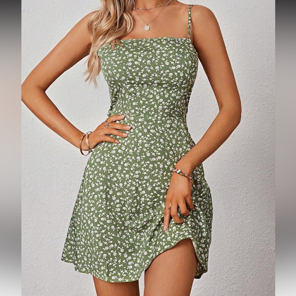 SHEIN Green and White Spaghetti Strap Mini Sundress